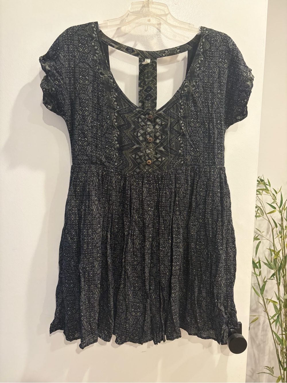 Free People Black Patterned Short-Sleeve Boho Dress